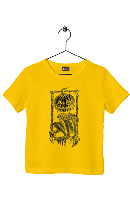 Children's t-shirt with prints Scarecrow. Autumn, claws, frame, halloween, horror, pumpkin, scarecrow, skeleton, smile. 2070702