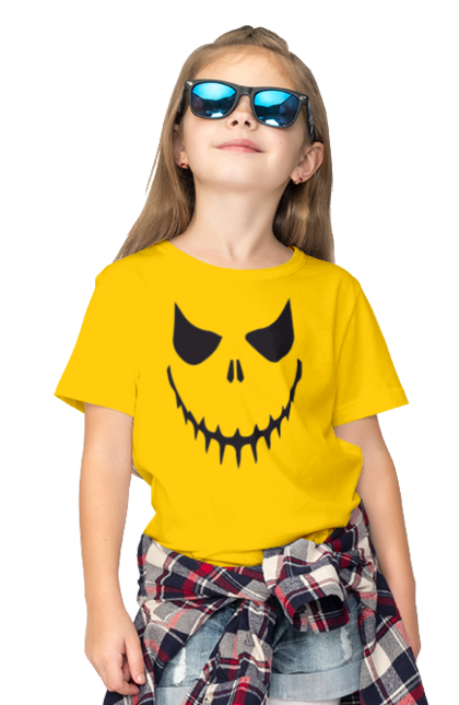 Children's t-shirt with prints Halloween pumpkin face. Costume, halloween, holiday, october, october 31, pumpkin, scary, sweets, trick or treat. 2070702