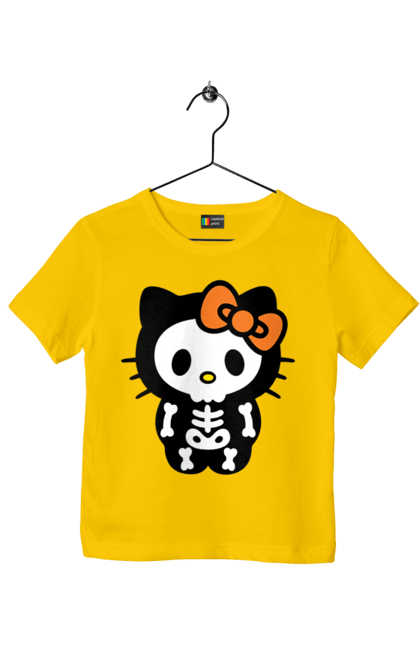 Футболка детская с принтом Хелло Китти Хэллоуин. Halloween, hello kitty, zombie, бренд, зомби, котенок, персонаж, скелет, хелло китти, хэллоуин. 2070702