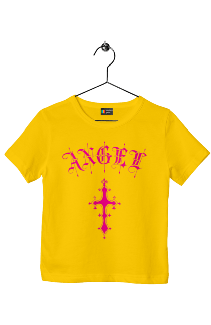 Children's t-shirt with prints Logo Angel. Angel, cross, gothic, gothick style, logo, pink. 2070702