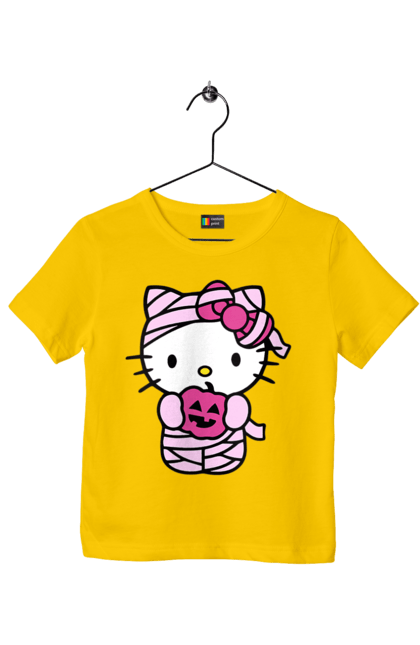 Футболка детская с принтом Хелло Китти Хэллоуин. Halloween, hello kitty, mummy, бренд, кот, котенок, мумия, персонаж, хелло китти, хэллоуин. 2070702