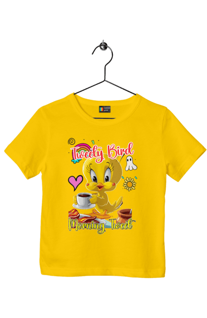 Футболка детская с принтом Твити Бёрд. Looney tunes, tweety, tweety bird, tweety pie, warner bros, бёрд, птица, твити, твити бёрд. 2070702