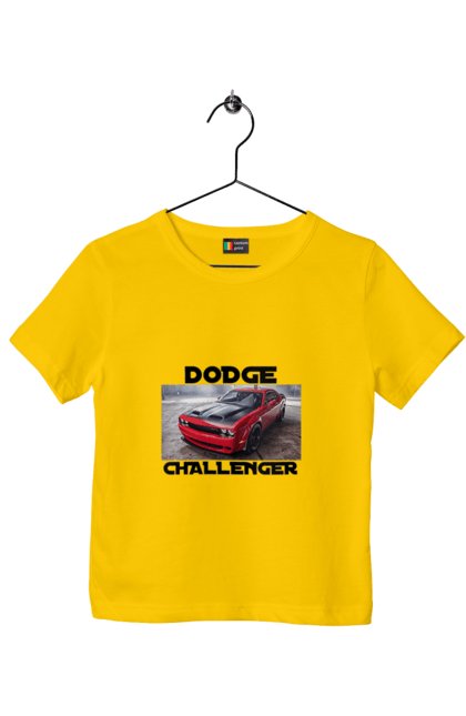 Children's t-shirt with prints Dodge challenger. An american legend, auto, car, classic car, cult car, dodge challenger, oil car, powerful car. 2070702