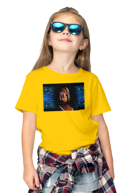 Children's t-shirt with prints Artificial Intelligence. Artificial intelligence, brain, chip, code, comp, computer, crystal, cyber, cybernetics, cyborg, developer, engineer, geek, glows, hacker, intelligence, it, it specialist, knowledge, light, luminous, machine learning, microcircuit, mind, portrait, profession, professional, programmer, woman. 2070702