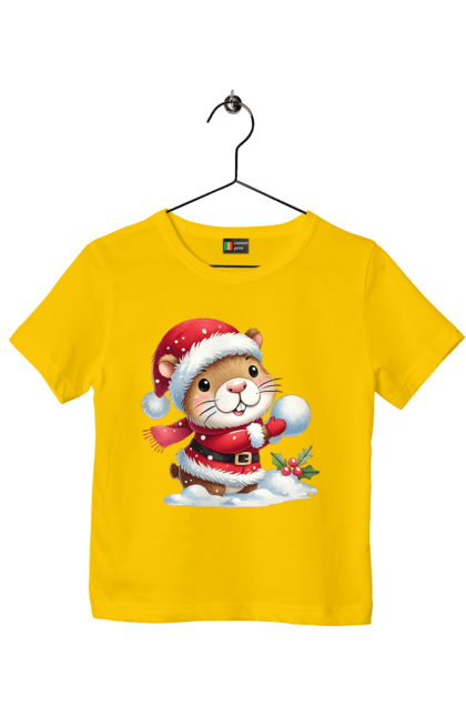 Children's t-shirt with prints Capybara playing snowballs. Animal, capybara, christmas, christmas capybara, game, gift, holiday, new year, santa, snowballs. 2070702