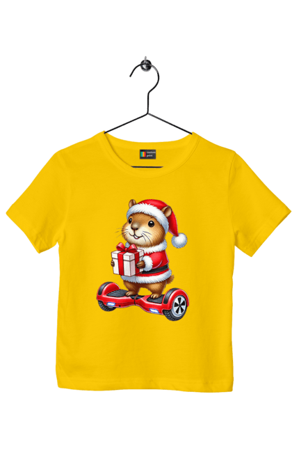 Children's t-shirt with prints Christmas Capybara with a Gift. Animal, capybara, christmas, christmas capybara, gift, holiday, new year, new year`s gift, santa. 2070702