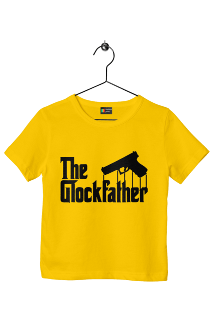 Children's t-shirt with prints The Glockfather. Firearm, gangster, glock, glockfather, godfather reference, gun, pistol, weapon. 2070702