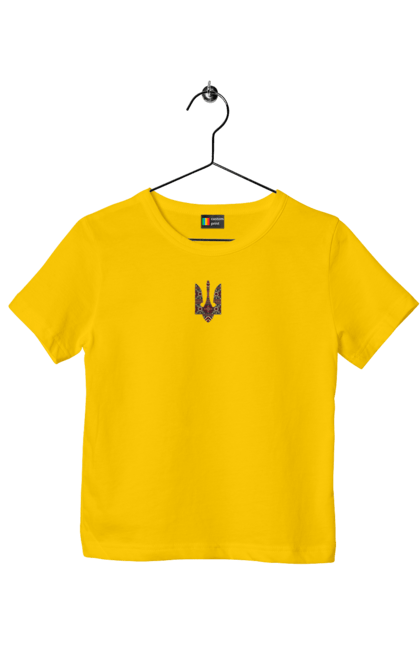 Children's t-shirt with prints Vyshyvanka coat of arms. Actual, emblem, embroidered shirt, symbolics, ukrainian, unusual, war. 2070702