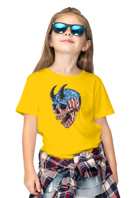 Children's t-shirt with prints Skull with horns. America, bones, dye, flag, horns, scull, states, teeth, usa. 2070702