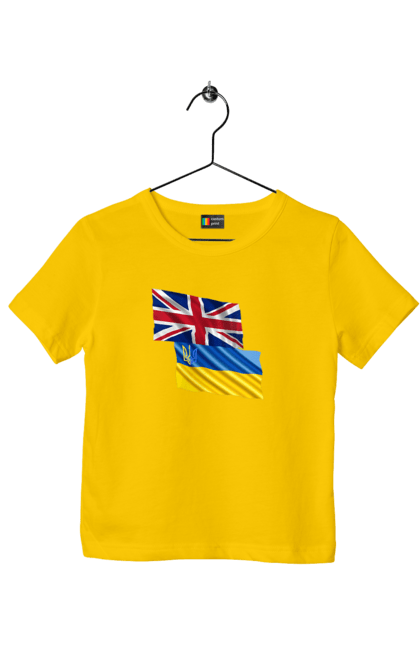 Children's t-shirt with prints Flag United Kingdom, Flag Ukraine, Support Ukraine. Flag united, flag united kingdom, global peace, great britain, kiev, national colors, national team, peace for ukraine, proud grandpa, support ukraine, ukraine, ukraine flag, ukraine war, united kingdom, war, zelensky. 2070702
