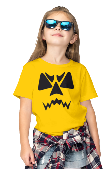 Children's t-shirt with prints Halloween pumpkin face. Costume, halloween, holiday, october, october 31, pumpkin, scary, sweets, trick or treat. 2070702