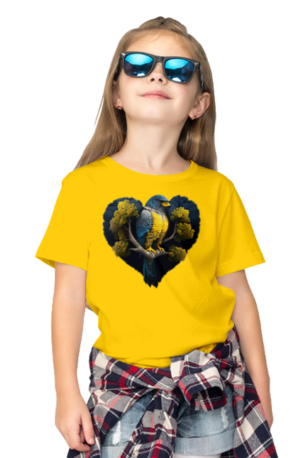 Children's t-shirt with prints Blue and yellow falcon. Falcon, flag of ukraine, heart, symbol of ukraine, tree, ukraine. 2070702