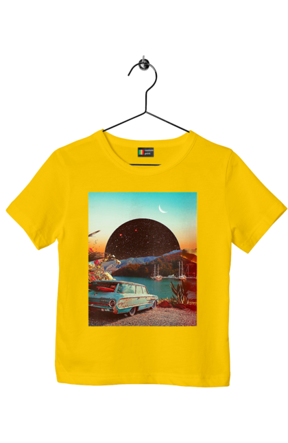 Children's t-shirt with prints Painting, car by the river. Joke, machine, picture, planet, retro, river. 2070702