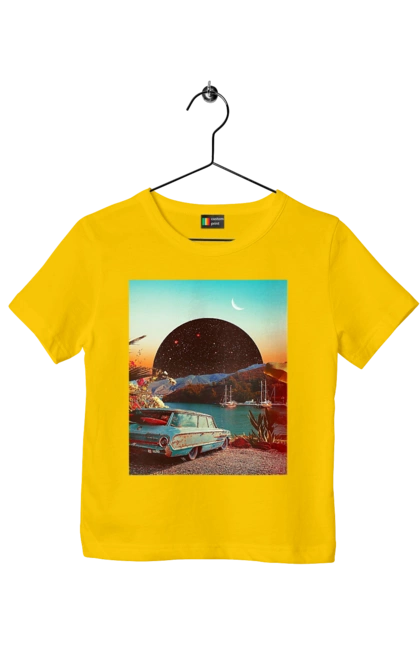 Children's t-shirt with prints Painting, car by the river. Joke, machine, picture, planet, retro, river. 2070702
