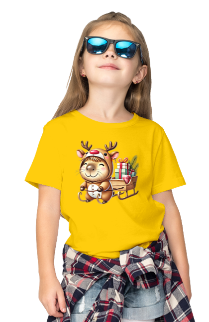 Children's t-shirt with prints Christmas Capybara with a Gift. Animal, capybara, christmas, christmas capybara, gift, holiday, new year, new year`s gift, santa. 2070702