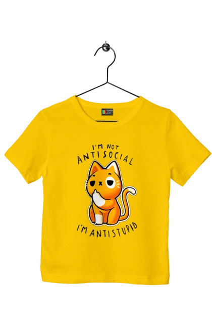 Children's t-shirt with prints I'm not antisocial, I'm antistupid. Antisocial, antistupid, cat, cynicism, hate, humor, irony, joke, meme, sarcasm. 2070702