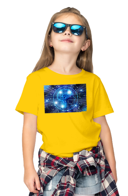 Children's t-shirt with prints Artificial intelligence. Artificial intelligence, brain, chip, code, comp, computer, crystal, cyber, cybernetics, cyborg, developer, engineer, geek, hacker, intelligence, it, it specialist, knowledge, machine learning, mind, portrait, profession, professional, programmer. 2070702