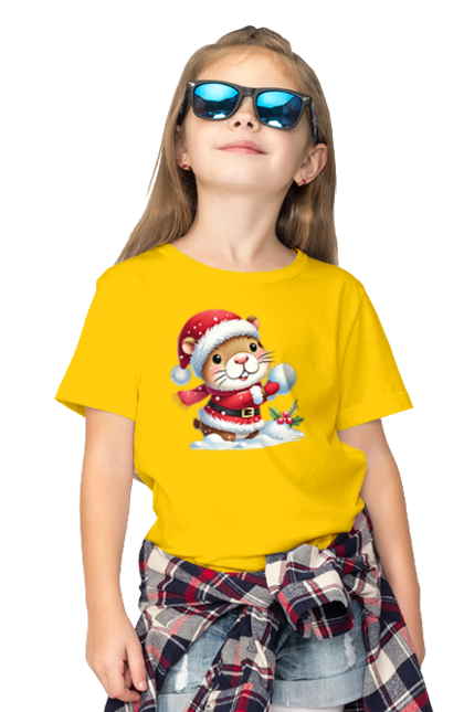 Children's t-shirt with prints Capybara playing snowballs. Animal, capybara, christmas, christmas capybara, game, gift, holiday, new year, santa, snowballs. 2070702