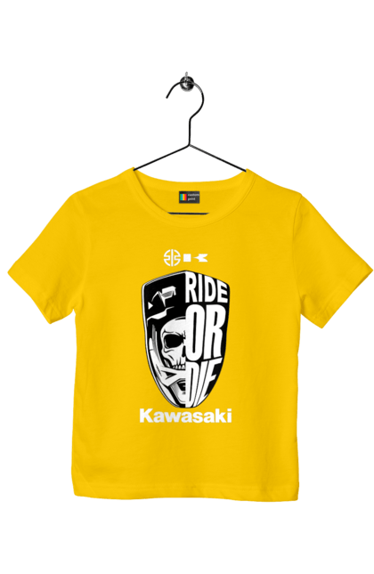 Футболка детская с принтом Kawasaki. Kawasaki, ride or die, бренд, мотоцикл, спорт, череп. 2070702