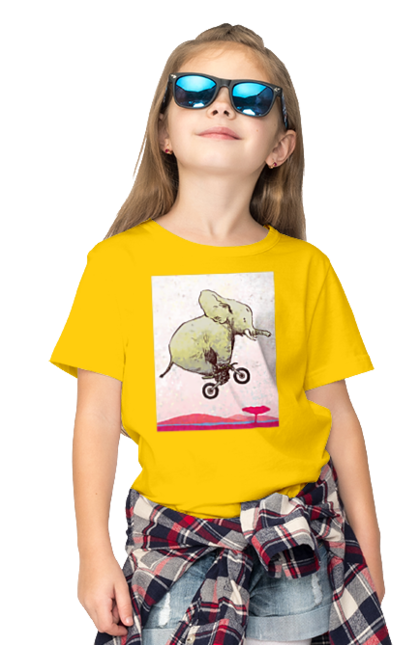 Футболка дитяча з принтом "Слон На Мотоциклі". Мотоцикл, політ, слон. 2070702