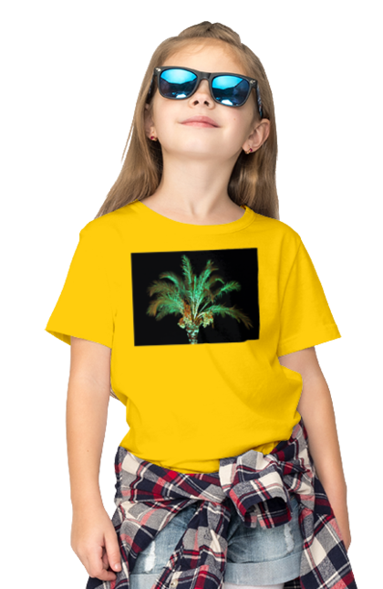 Футболка дитяча з принтом "Фінікова Пальма Вночі". Берег, відпочинок, відпустка, зелений, море, ніч, оазис, океан, острів, пальма, південь, подорож, пригоди, тропіки, фінікова, чорне. 2070702