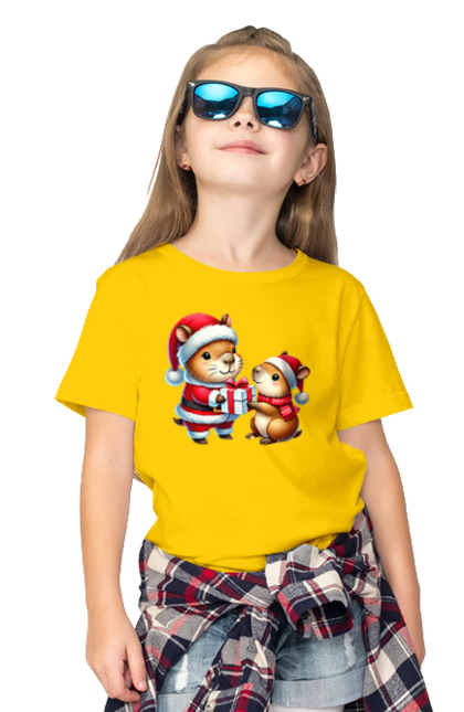 Children's t-shirt with prints Christmas Capybara with a Gift. Animal, capybara, christmas, christmas capybara, gift, holiday, new year, new year`s gift, santa. 2070702