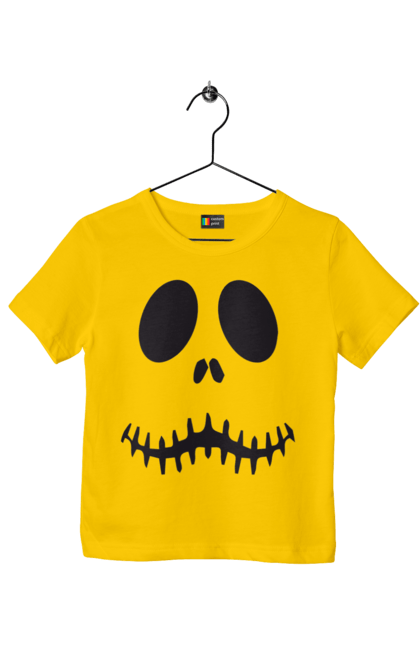 Children's t-shirt with prints Halloween pumpkin face. Costume, halloween, holiday, october, october 31, pumpkin, scary, sweets, trick or treat. 2070702