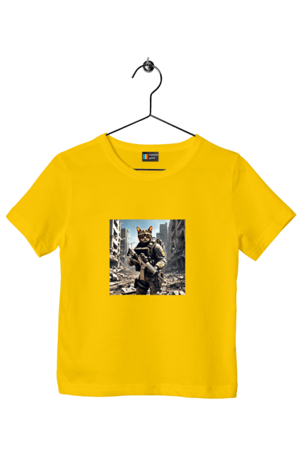 Футболка дитяча з принтом "Кіт десантник". Бронежилет, війна, військовий, гвинтівка, захисник, камуфляж, кіт, рушниця. 2070702