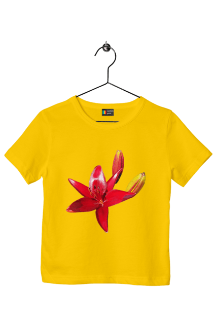 Children's t-shirt with prints Red lily. Bright, bud, buds, color, flower, lily, nature, red, red flower, red lily, sunny. 2070702
