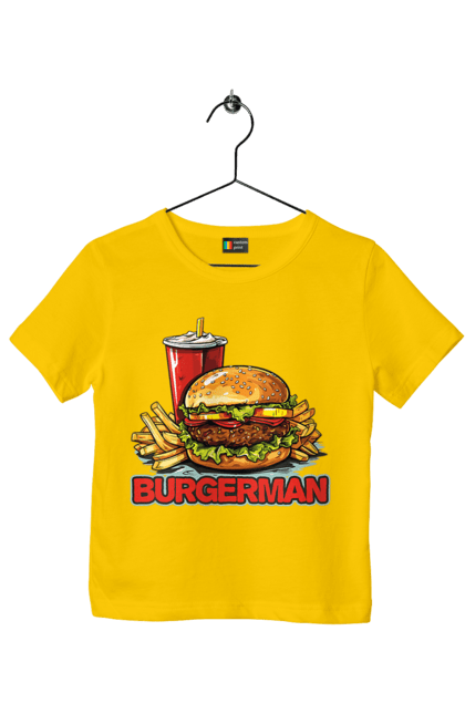 Футболка дитяча з принтом "Burgerman". Бургер, для чоловіків, їжа, літні, макдональдс, прикольні, трендові, фаст фуд, чоловічі. 2070702