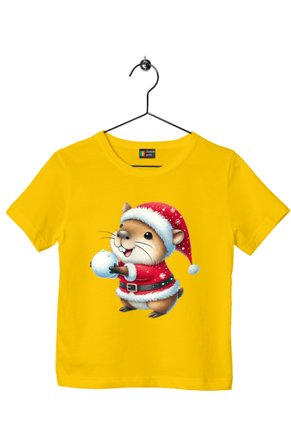 Children's t-shirt with prints Capybara playing snowballs. Animal, capybara, christmas, christmas capybara, game, gift, holiday, new year, santa, snowballs. 2070702