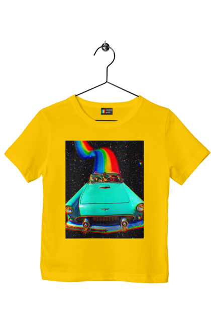 Children's t-shirt with prints Picture, a car in space. Joke, machine, picture, rainbow, retro, space, travel, trip. 2070702