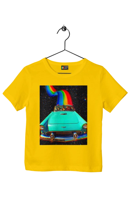 Children's t-shirt with prints Picture, a car in space. Joke, machine, picture, rainbow, retro, space, travel, trip. 2070702