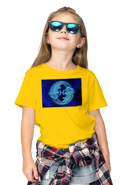 Футболка дитяча з принтом "Риби Знак Зодіаку". Астрологія, астрономія, доля, знак зодіаку, знаки зодіаку, зодіак, передбачення, риби, символ, синій, цикл. ART принт на футболках