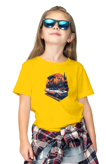 Children's t-shirt with prints Beautiful car at sunset. Auto, sun, sunset. 2070702