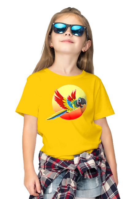 Children's t-shirt with prints Parrot On The Sun. Bird, circle, color, disk, feathers, flies, flight, happy, heat, hot, in flight, macaw, multicolored, orange, parrot, recreation, red, summer, sun, sunny, tropics, vacation, warmly, wings, yellow. 2070702