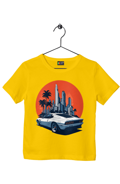 Футболка дитяча з принтом "Авто". Гонка, захід сонця, спортивний автомобіль, швидкість. 2070702