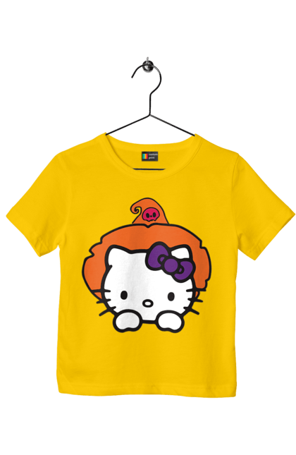 Футболка детская с принтом Хелло Китти Хэллоуин. Halloween, hello kitty, witch, бренд, ведьма, кот, котенок, персонаж, хелло китти, хэллоуин. 2070702