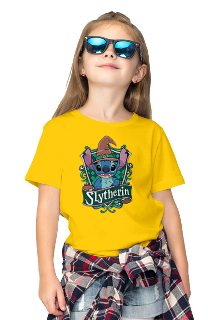 Children's t-shirt with prints Stich Slytherin. Faculty, franchise, harry potter, hogwarts, slytherin, stich. 2070702