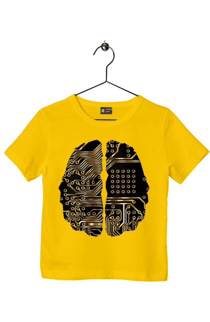 Children's t-shirt with prints It Brain. Brain, chip, code, comp, computer, crystal, cyber, cybernetics, cyborg, developer, engineer, geek, gold, golden, it, it specialist, knowledge, mind, printed circuit board, profession, professional, programmer. 2070702