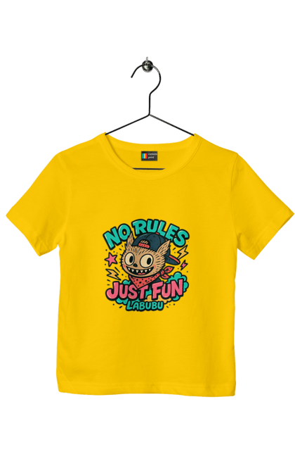 Футболка дитяча з принтом "Лабубу". Norulesjustfun, y2k, бандана, вуличний стиль, грайливий, графіті, зухвалий, лабубу, ретромультяшка, яскраво. 2070702