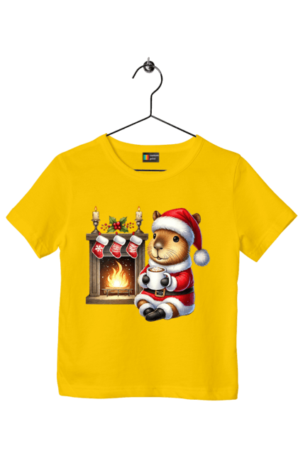 Children's t-shirt with prints Capybara by the fireplace with hot chocolate. Animal, capybara, christmas, christmas capybara, fireplace, gift, holiday, hot chocolate, new year, santa. 2070702