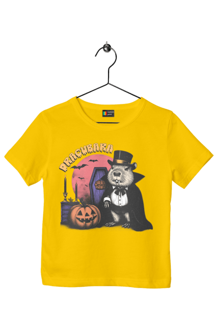 Children's t-shirt with prints Capybara Halloween. Animal, capybara, ghost, halloween, holiday, moon, pumpkin, rodent, vampire. 2070702