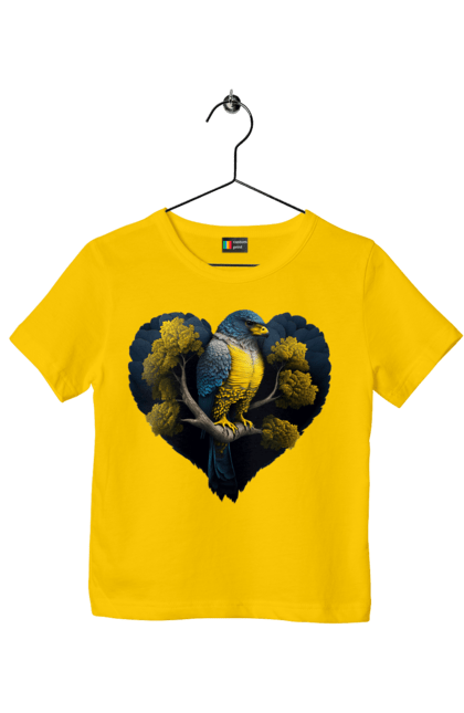 Children's t-shirt with prints Blue and yellow falcon. Falcon, flag of ukraine, heart, symbol of ukraine, tree, ukraine. 2070702