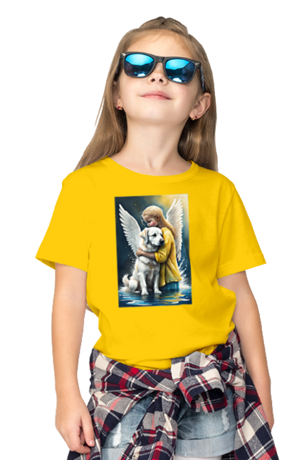 Футболка дитяча з принтом "Дівчинка та собака ангел [память загиблим тваринам]". Дівчинка та собака, крим, нова каховка, память загиблим тваринам, собака ангел, україна, херсон. 2070702
