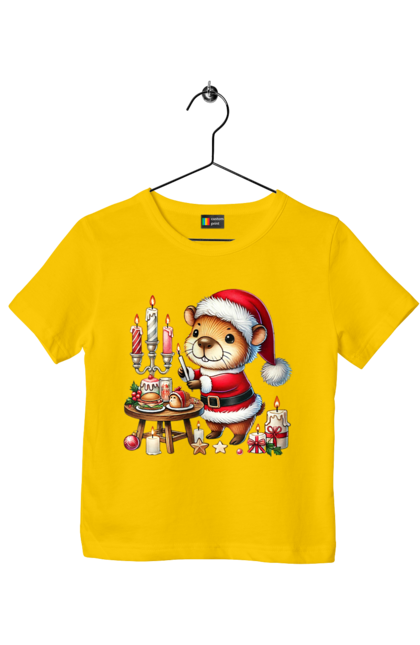 Children's t-shirt with prints Capybara and Christmas Dinner. Animal, capybara, christmas, christmas capybara, christmas dinner, gift, holiday, new year, new year`s gift, santa. 2070702