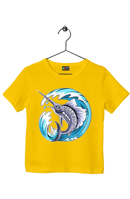 Children's t-shirt with prints Fish Sword And Wave. Swordfish, wave. 2070702