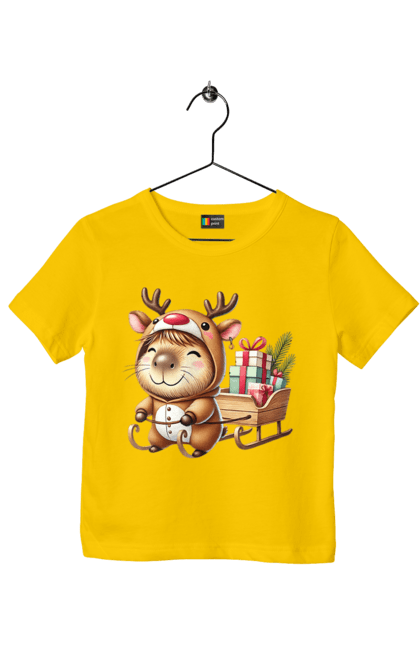 Children's t-shirt with prints Christmas Capybara with a Gift. Animal, capybara, christmas, christmas capybara, gift, holiday, new year, new year`s gift, santa. 2070702