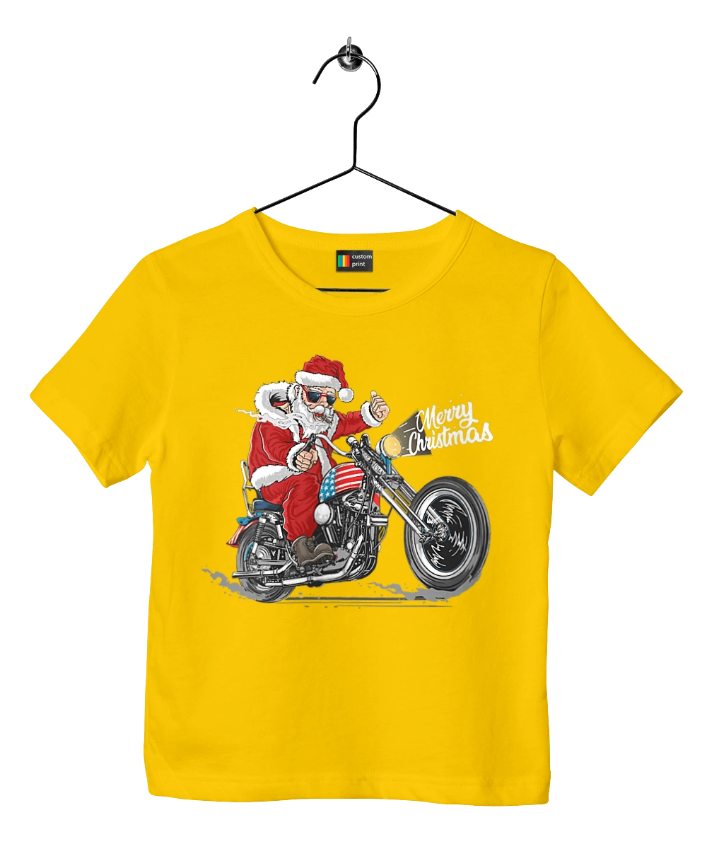 Santa in glasses on a motorcycle