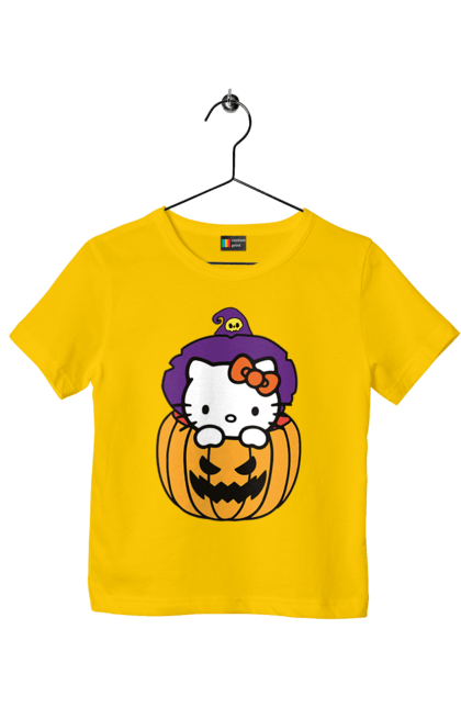 Футболка детская с принтом Хелло Китти Хэллоуин. Halloween, hello kitty, witch, бренд, ведьма, кот, котенок, персонаж, хелло китти, хэллоуин. 2070702